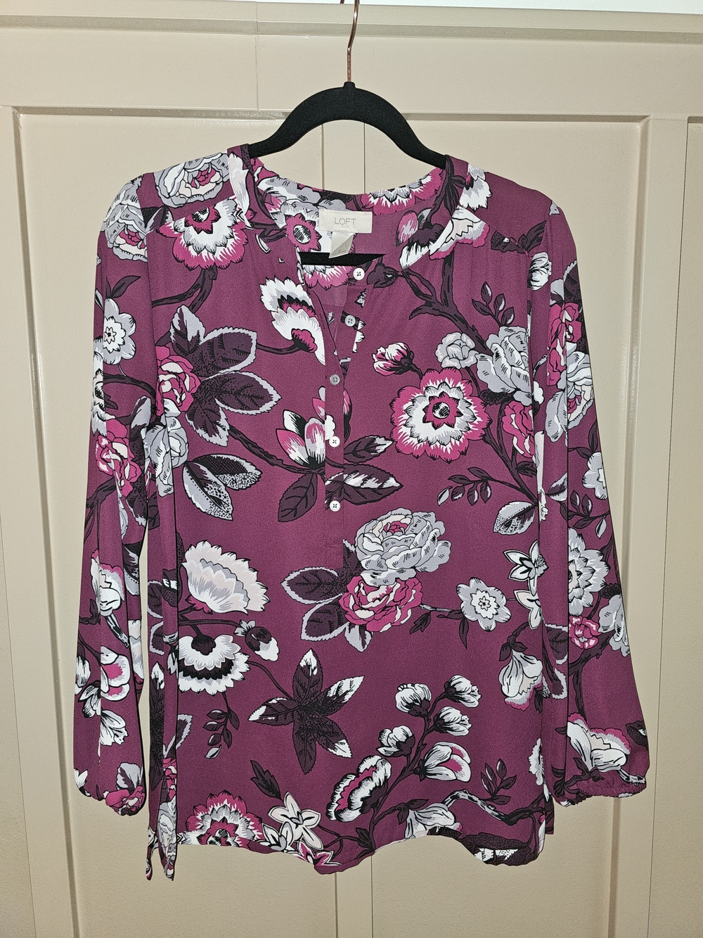 LOFT Magenta Floral Henley-Style Blouse